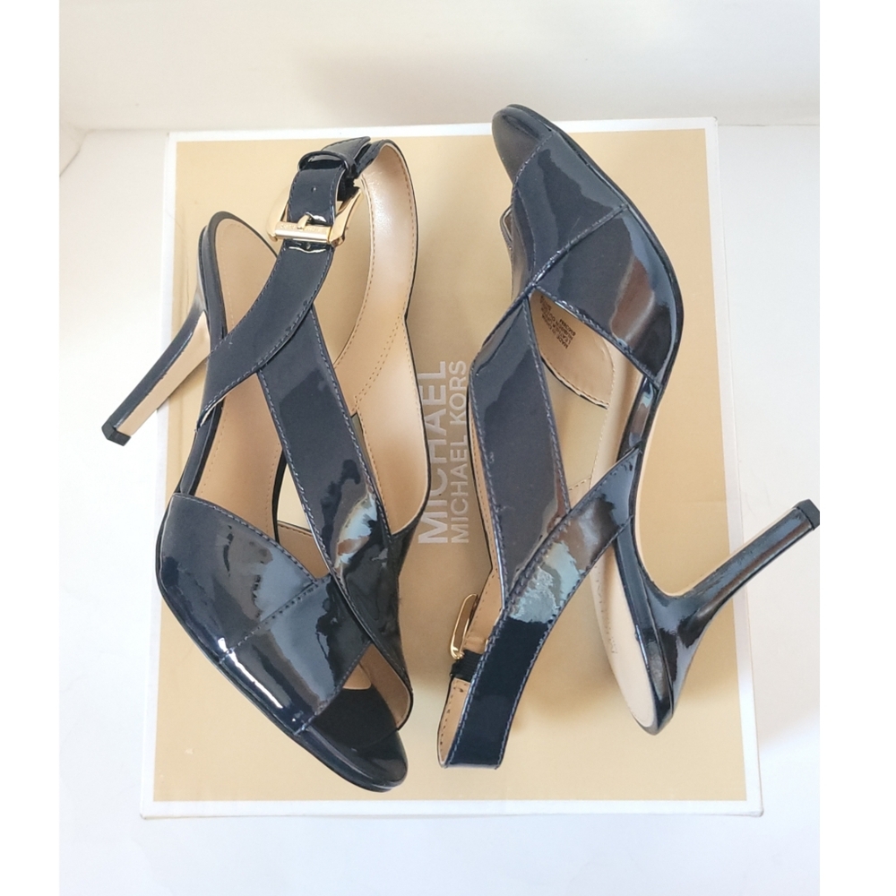 New! MICHAEL KORS Women's Patent Leather Slingback Sandals Size 6 Dark Navy Blue - Picture 6 of 10